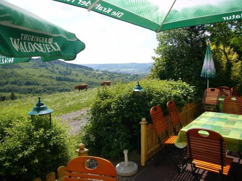 a table and chairs with a view of a mountain at Ferienwohnung Rhönwiese in Birx