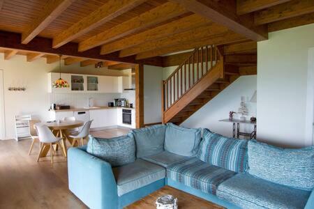 un salon avec un canapé bleu et une cuisine dans l'établissement El Turó d'Enveig, à Enveitg