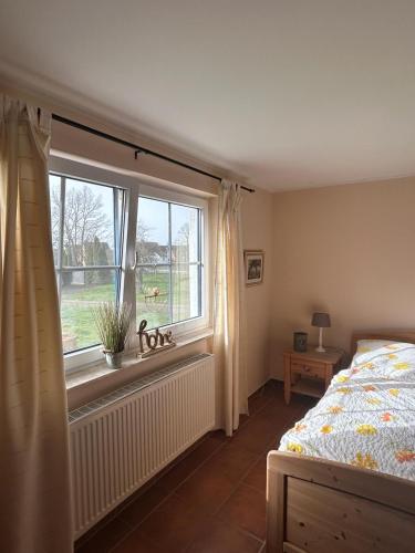 a bedroom with a bed and a window at Ferienhaus Dycke 6 in Zudar