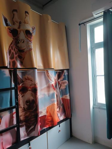 una habitación con fotos de una jirafa y una jirafa en Tribes - Upscale City Centre Hostel, en Rodas