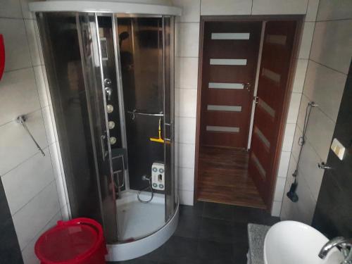 ein Bad mit einer Dusche und einer Glastür in der Unterkunft NOCLEGI u ANI in Otmuchów