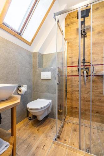 a bathroom with a toilet and a glass shower at Pensjonat Dawidek in Zakopane