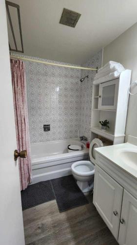 a bathroom with a toilet and a tub and a sink at Cozy Town house in Toronto