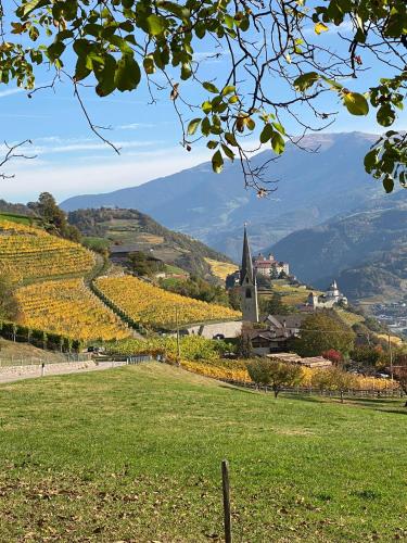 a view of a hill with a church and vineyards at Sturmhof in Chiusa