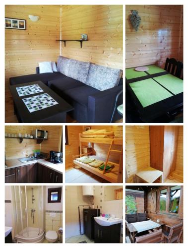 a collage of pictures of a room with a bed and a kitchen at Domki BIAŁA MEWA in Wicie