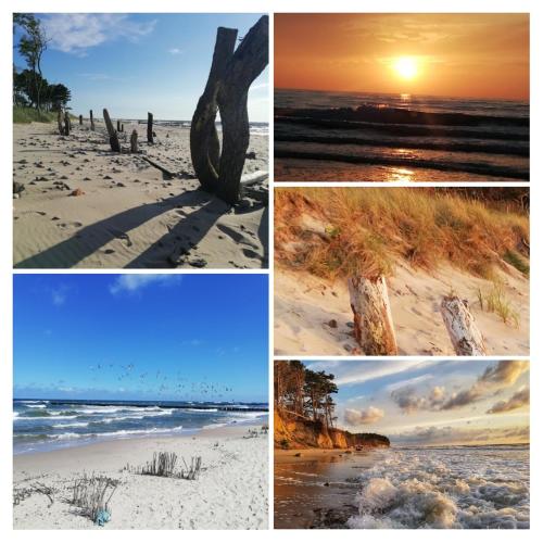 a collage of four pictures of the beach at Domki BIAŁA MEWA in Wicie