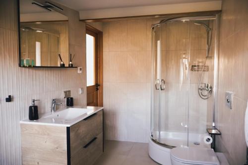 a bathroom with a sink and a shower and a toilet at Seaside Apartments Roja in Roja