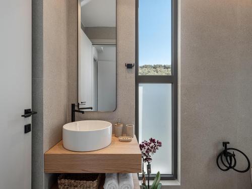 a bathroom with a white sink and a mirror at Villa Zefyros With Sea View in Plataniás