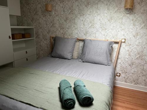 uma cama com duas almofadas num quarto em Maisonnette plein centre 2/3p em Libourne