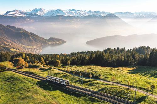 a train on the tracks in a valley with mountains at Rigi Kaltbad Swiss Quality Hotel in Rigi Kaltbad