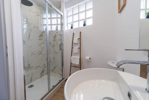 ein Badezimmer mit einer Dusche und einer weißen Badewanne in der Unterkunft Appartement lumineux avec terrasse Saint-Brieuc in Saint-Brieuc