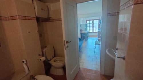 La salle de bains est pourvue d'une douche et de toilettes blanches. dans l'établissement Marinella al Mare, à Marinella di Sarzana
