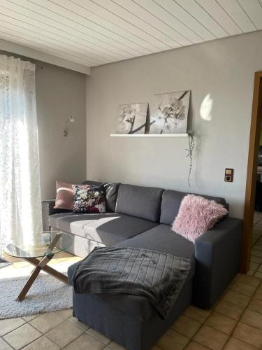 a living room with a gray couch and a window at NEU! Ferienwohnung Kleine Auszeit in Weinsheim