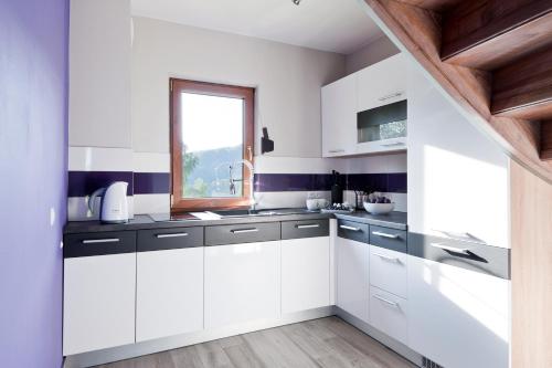 a kitchen with white cabinets and a window at BIESZCZADZKI RAJ Komfortowe domy z kominkami i Sauną na obiekcie in Olchowiec