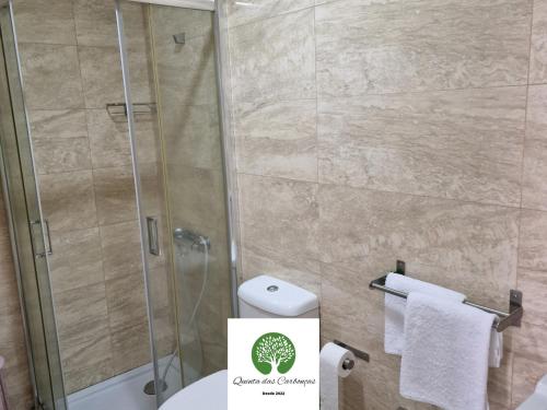a bathroom with a shower and a toilet and towels at Quinta das Carbonças in Fafe