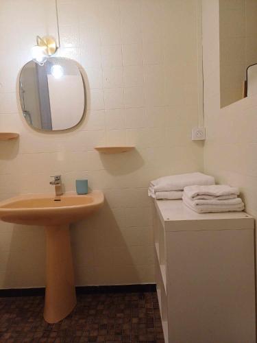 une salle de bain avec un lavabo et un miroir dans l'établissement La chambre du soleil, à Lézat-sur-Lèze