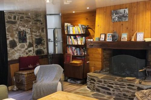 un salon avec une cheminée et une étagère avec des livres dans l'établissement L'ancien Hôtel du vieux Cèdre, à Arreau