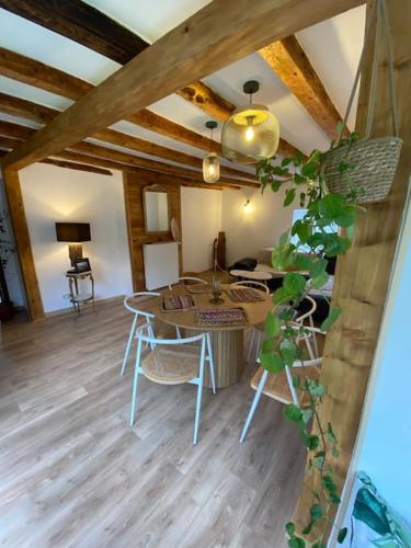 アローにあるL'ancien Hôtel du vieux Cèdreのリビングルーム(テーブル、椅子、植物付)