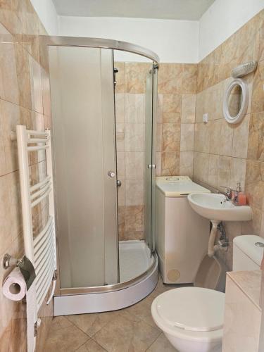 y baño con ducha, aseo y lavamanos. en Емили Фемили Хаус, en Koprivshtitsa