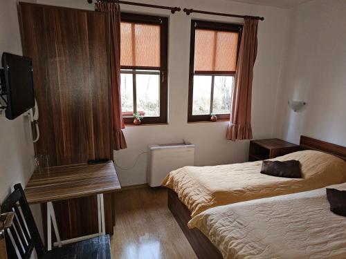 a bedroom with two beds and a tv and two windows at Емили Фемили Хаус in Koprivshtitsa