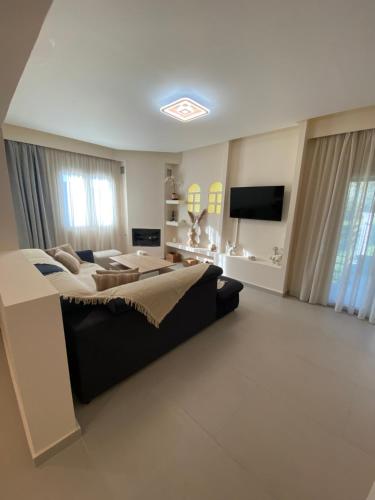 a large bedroom with a large bed and a television at Olea House 2' walk from the sea in Nótos