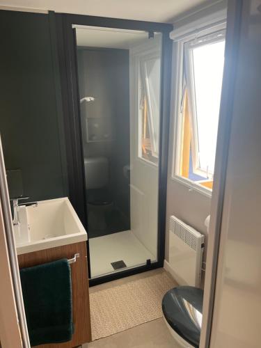 a bathroom with a shower with a toilet and a sink at Mobil home climatisé au calme et proche des activités LEGE CAP FERRET in Lège-Cap-Ferret