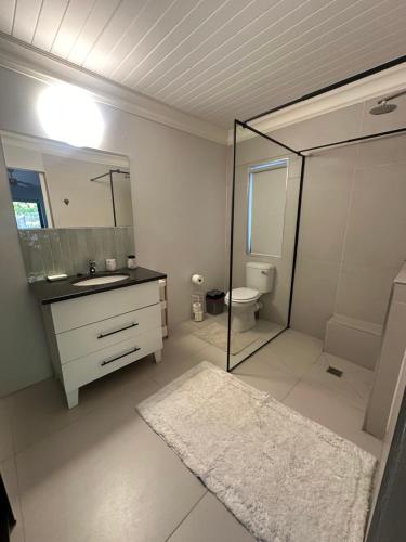 W łazience znajduje się umywalka, toaleta i lustro. w obiekcie Florie se Huis w mieście Paarl