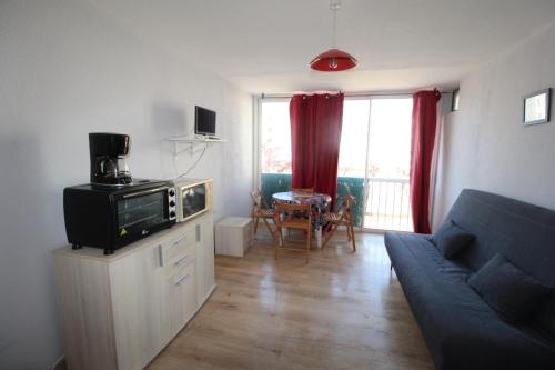 un salon avec un canapé et une télévision dans l'établissement Grau du Roi studio cabine 4 personnes 300 m de la plage, au Grau-du-Roi