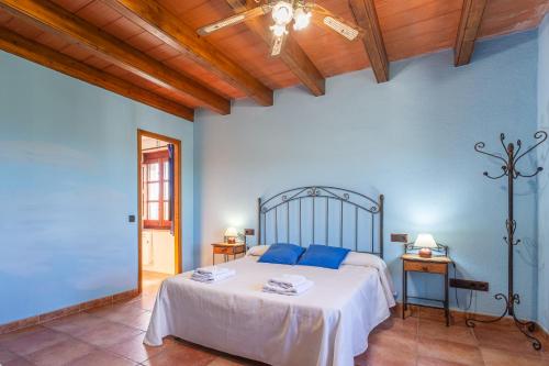 a bedroom with a large bed with blue walls at Can Malràs in Massanas