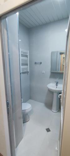 a bathroom with a shower and a toilet and a sink at SABURTALO in Agaraki