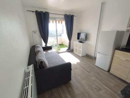 un salon avec un canapé et une télévision dans l'établissement Studio Antibes Piscine Wifi, à Antibes