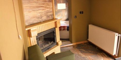 ein Wohnzimmer mit einem Kamin und einem grünen Stuhl in der Unterkunft 216 North Hotel in Agva