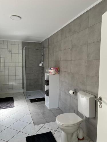 Monteurewohnung L770 في Stemwede: حمام مع مرحاض ودش