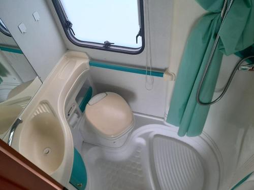 a small bathroom with a toilet and a sink at Camping-car calme et confortable in Carentoir