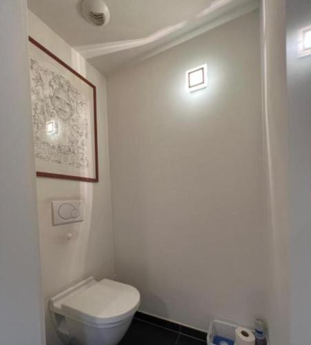 W pokoju znajduje się łazienka z białą toaletą. w obiekcie Business Accommodation 'Scandinavian Living' Nomad w mieście Geel