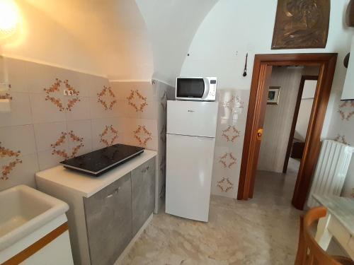a kitchen with a microwave on top of a refrigerator at Dimora Maggi al Caminetto - Affitti Brevi Italia in Monte SantʼAngelo