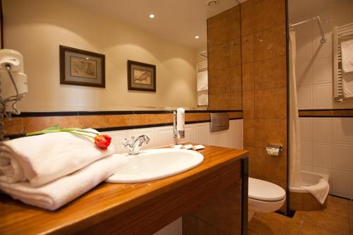 Hotel Willa Lubicz في غدينيا: حمام مع حوض ومرحاض
