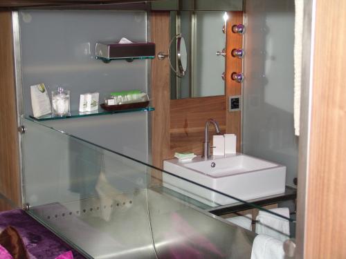 a bathroom with a sink and a mirror at Backstage Boutique SPA Hotel in Zermatt