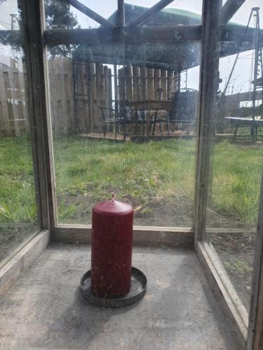 una boca de incendios roja sentada frente a una ventana en Pension zum Hollerbusch, en Heilbach