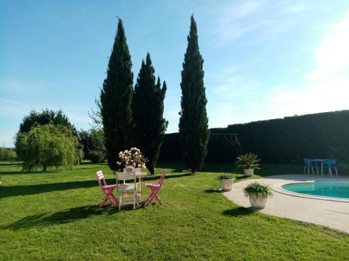 einen Tisch und Stühle im Gras neben einem Pool in der Unterkunft Le chêne blanc in La Genétouze