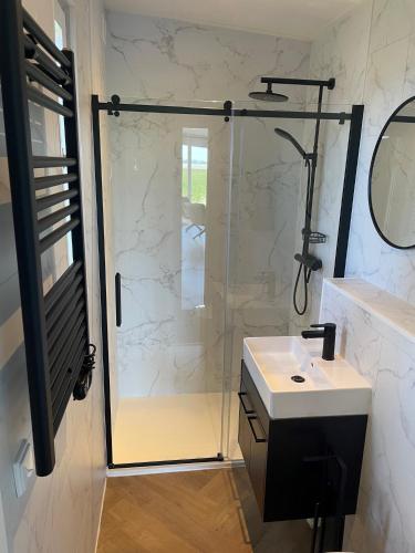a bathroom with a glass shower and a sink at Vogelvrij, vakantie woningen met geheel omheinde tuin in Burgerbrug