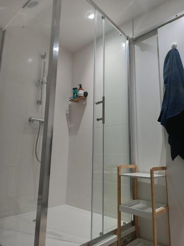 une douche avec une porte vitrée dans une salle de bain dans l'établissement logement cosy et au calme proche Paris Aéroport CDG DISNEY ASTERIX, à Fontenay-en-Parisis