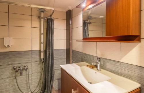 W łazience znajduje się umywalka i prysznic. w obiekcie Holodek Apartments Goudi Ground & Semi w Atenach