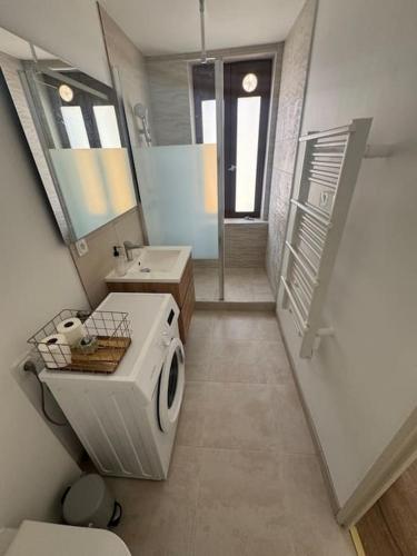 une salle de bain avec un lavabo et une machine à laver dans l'établissement Appartement centre historique, à Narbonne