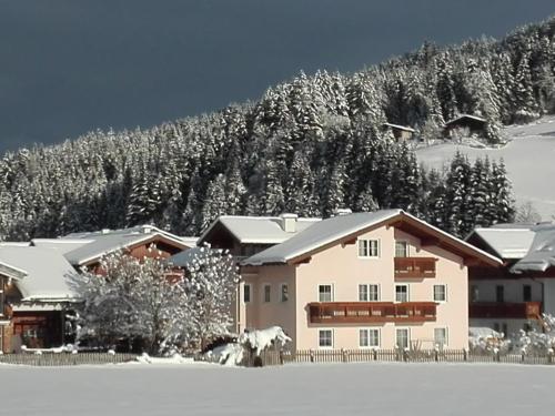 a house covered in snow with a mountain in the background at Ferienwohnungen Reiter in Flachau