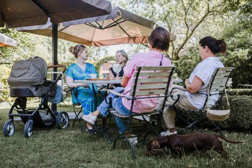 a group of women sitting at a table with a dog at Hotel Geerts in Westerlo