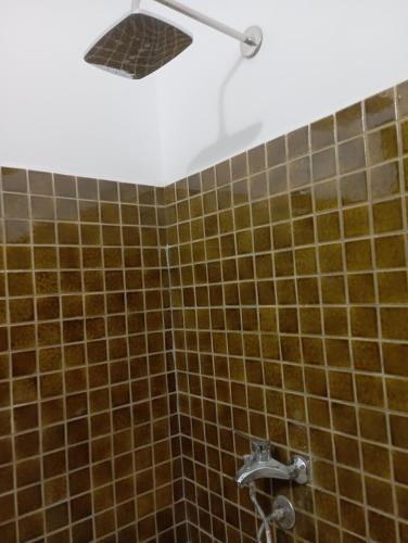 y baño con ducha de azulejos marrones. en El baladi en Abu Simbel