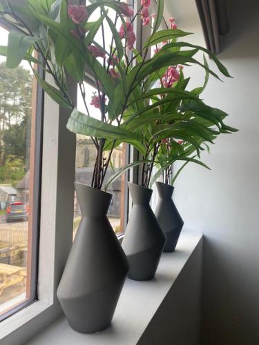 four black vases sitting on a window sill with flowers at The White Hart Apartment Valley View in Alton