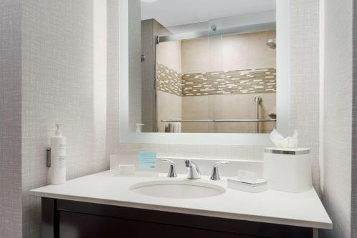 uma casa de banho com um lavatório e um espelho em Hampton Inn Times Square Central em Nova York