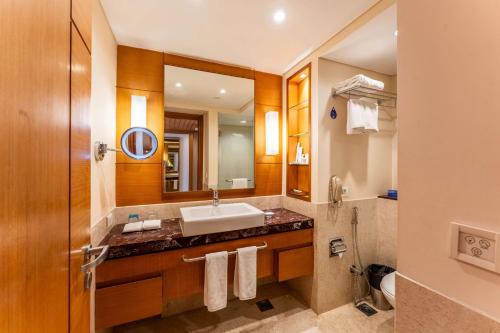 a bathroom with a sink and a mirror at Radisson Blu Hotel, Indore in Indore